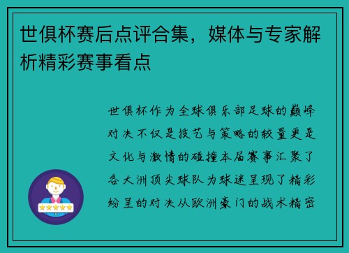 世俱杯赛后点评合集，媒体与专家解析精彩赛事看点